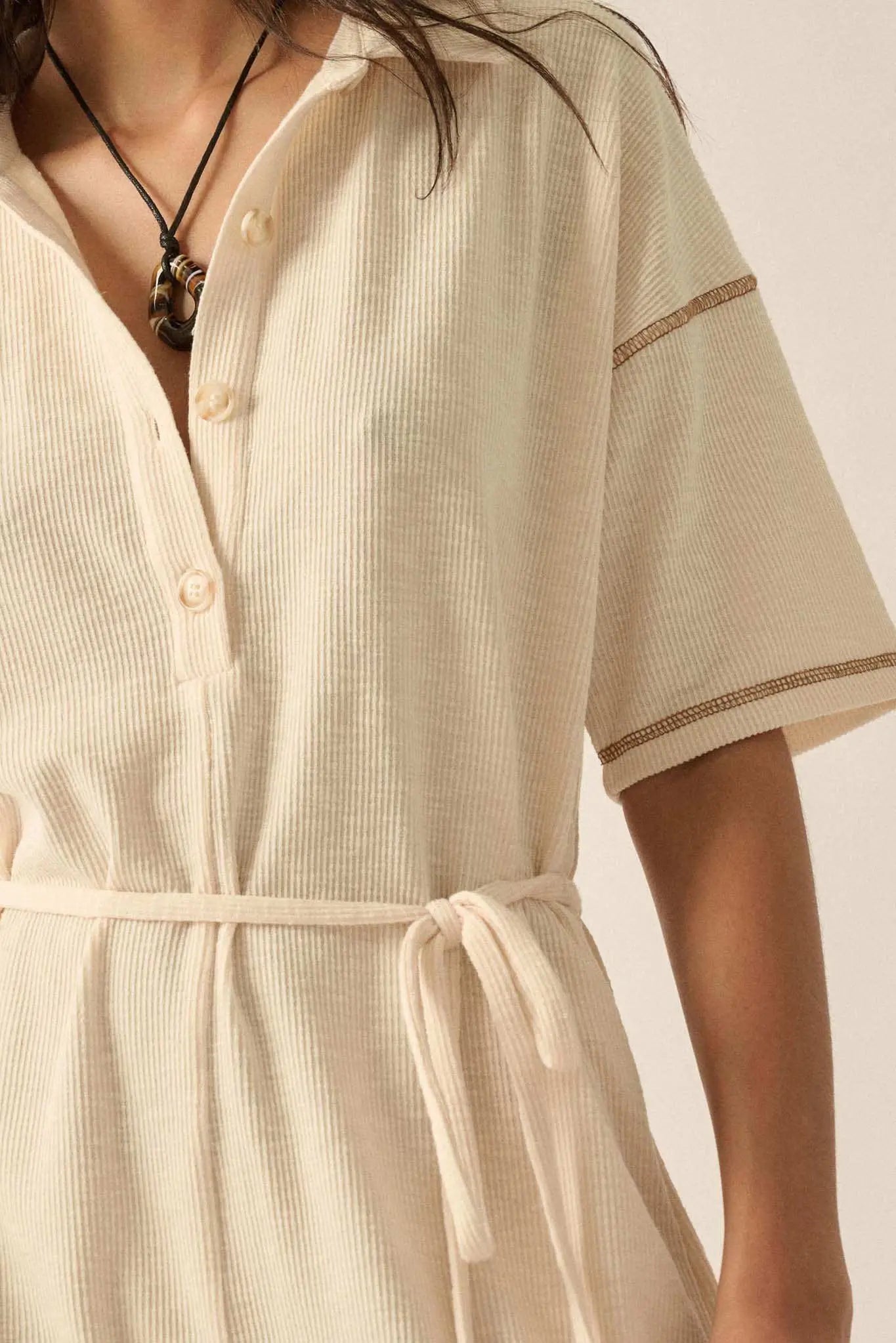 Sew It Goes Belted Rib-Knit Half-Button Romper