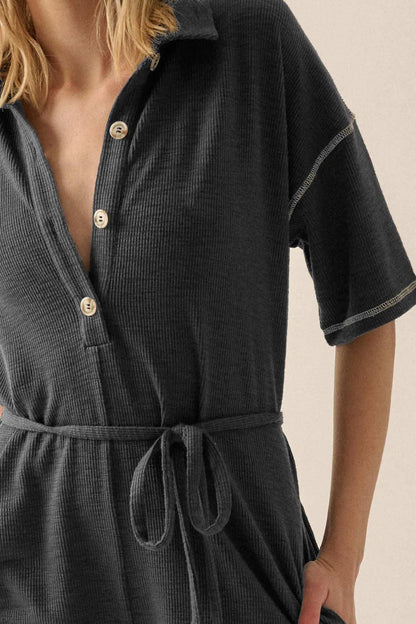 Sew It Goes Belted Rib-Knit Half-Button Romper