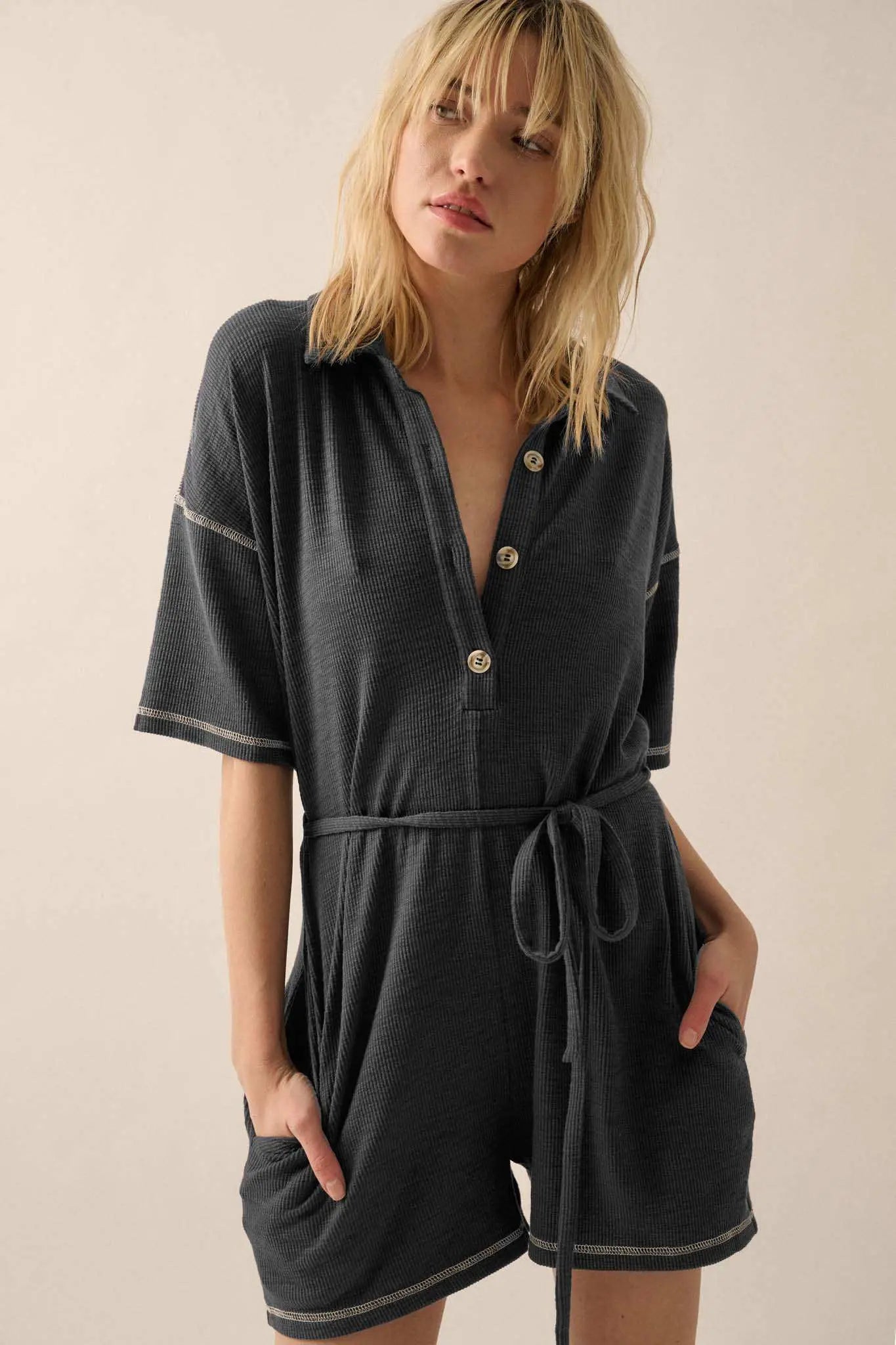 Sew It Goes Belted Rib-Knit Half-Button Romper