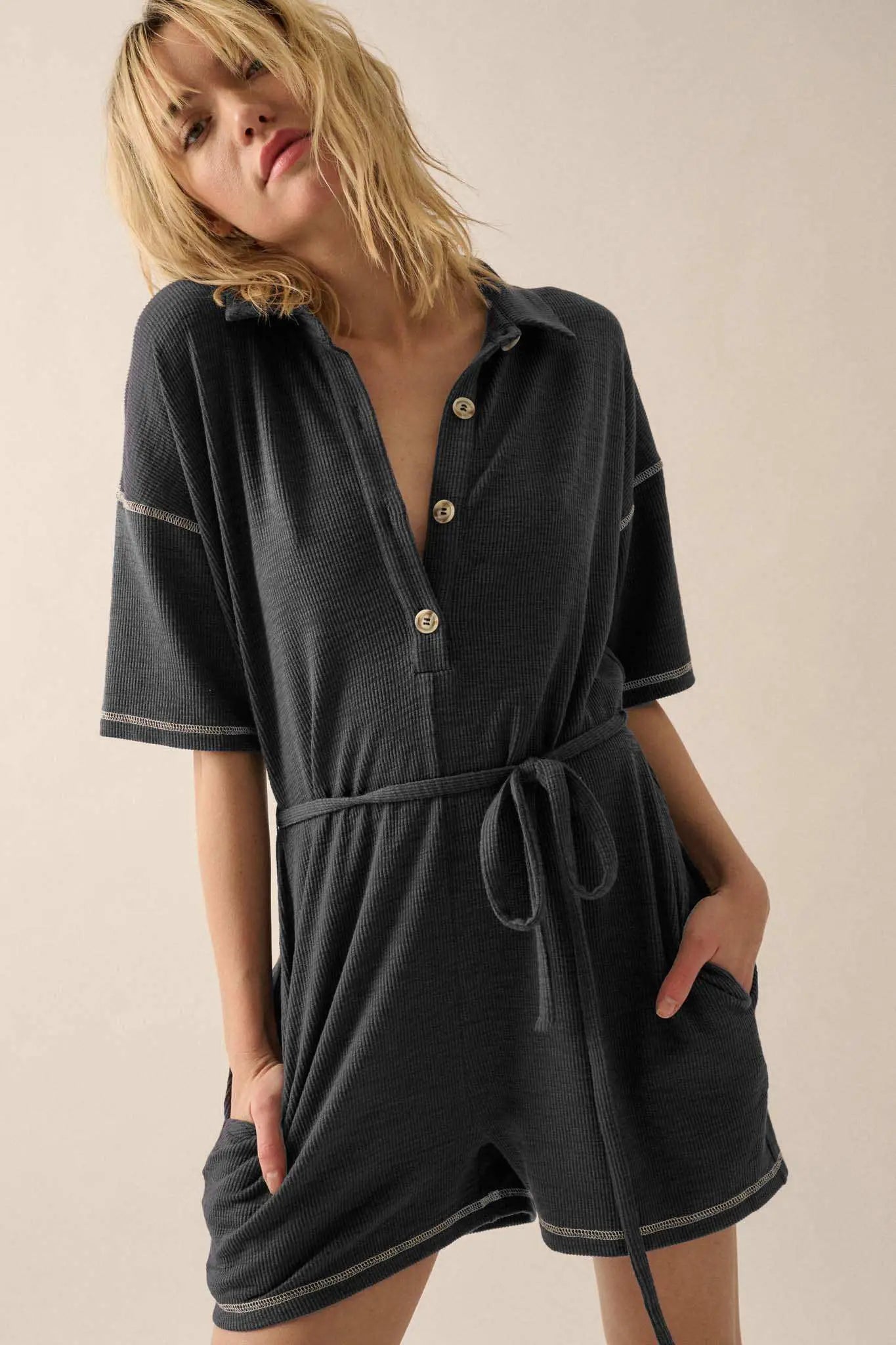 Sew It Goes Belted Rib-Knit Half-Button Romper