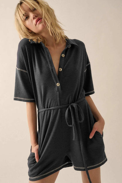 Sew It Goes Belted Rib-Knit Half-Button Romper