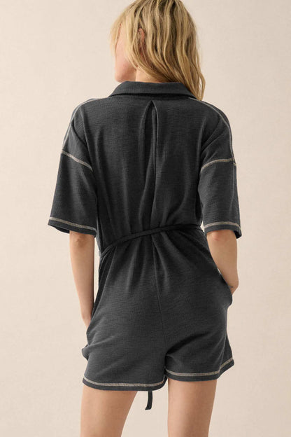 Sew It Goes Belted Rib-Knit Half-Button Romper