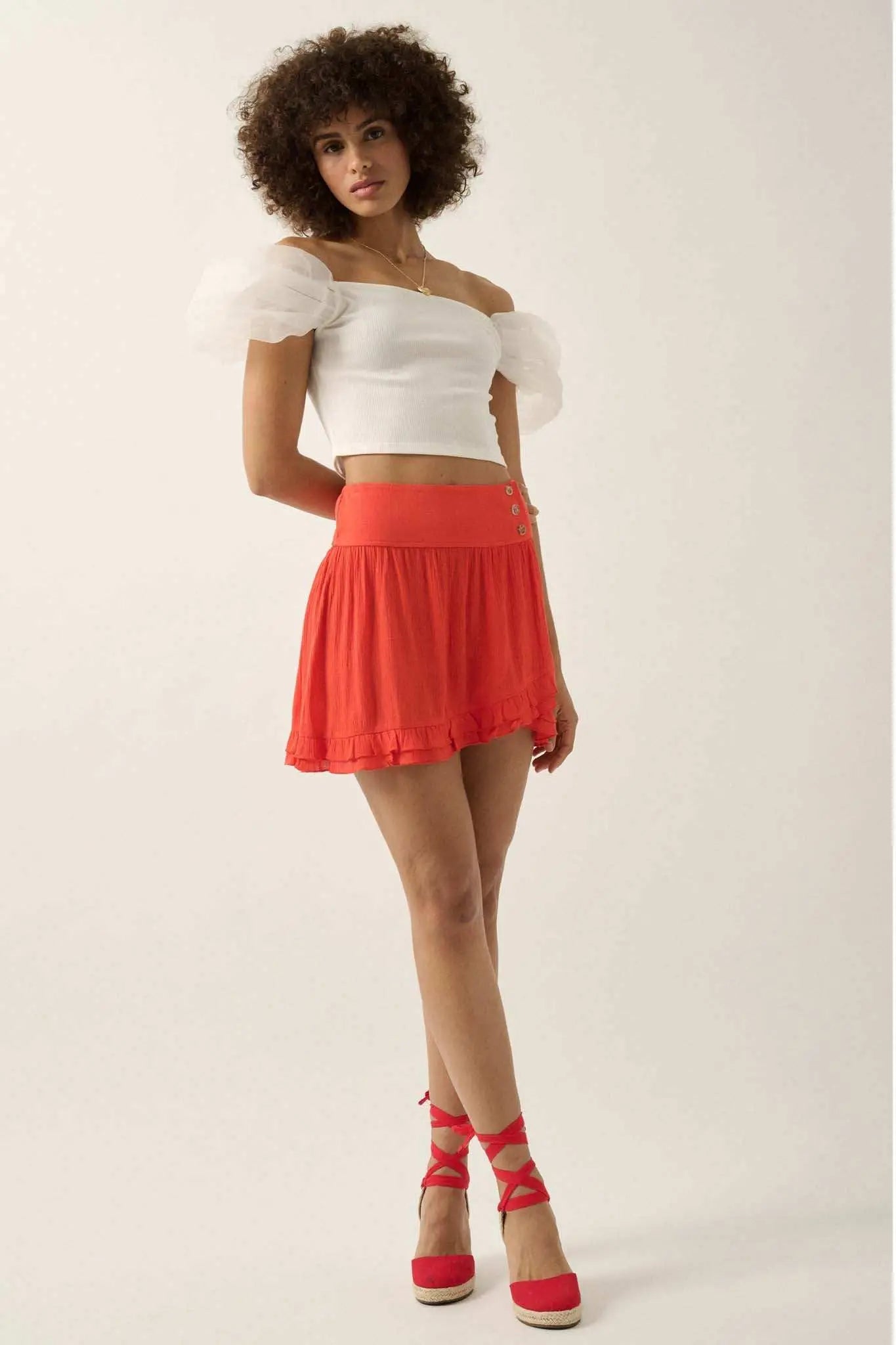 Hot to Trot Ruffled Crepe Tulip Mini Skirt