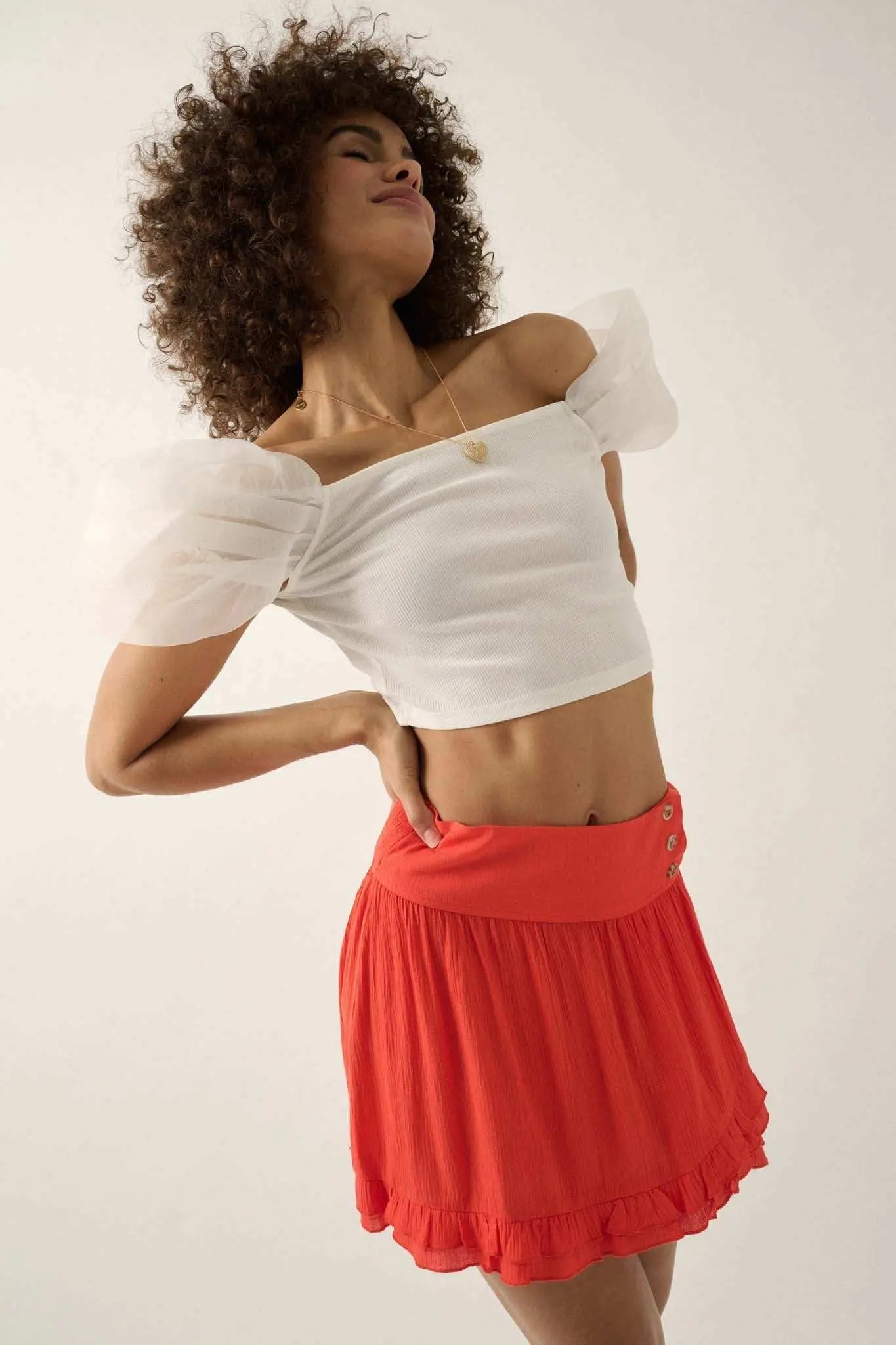 Hot to Trot Ruffled Crepe Tulip Mini Skirt