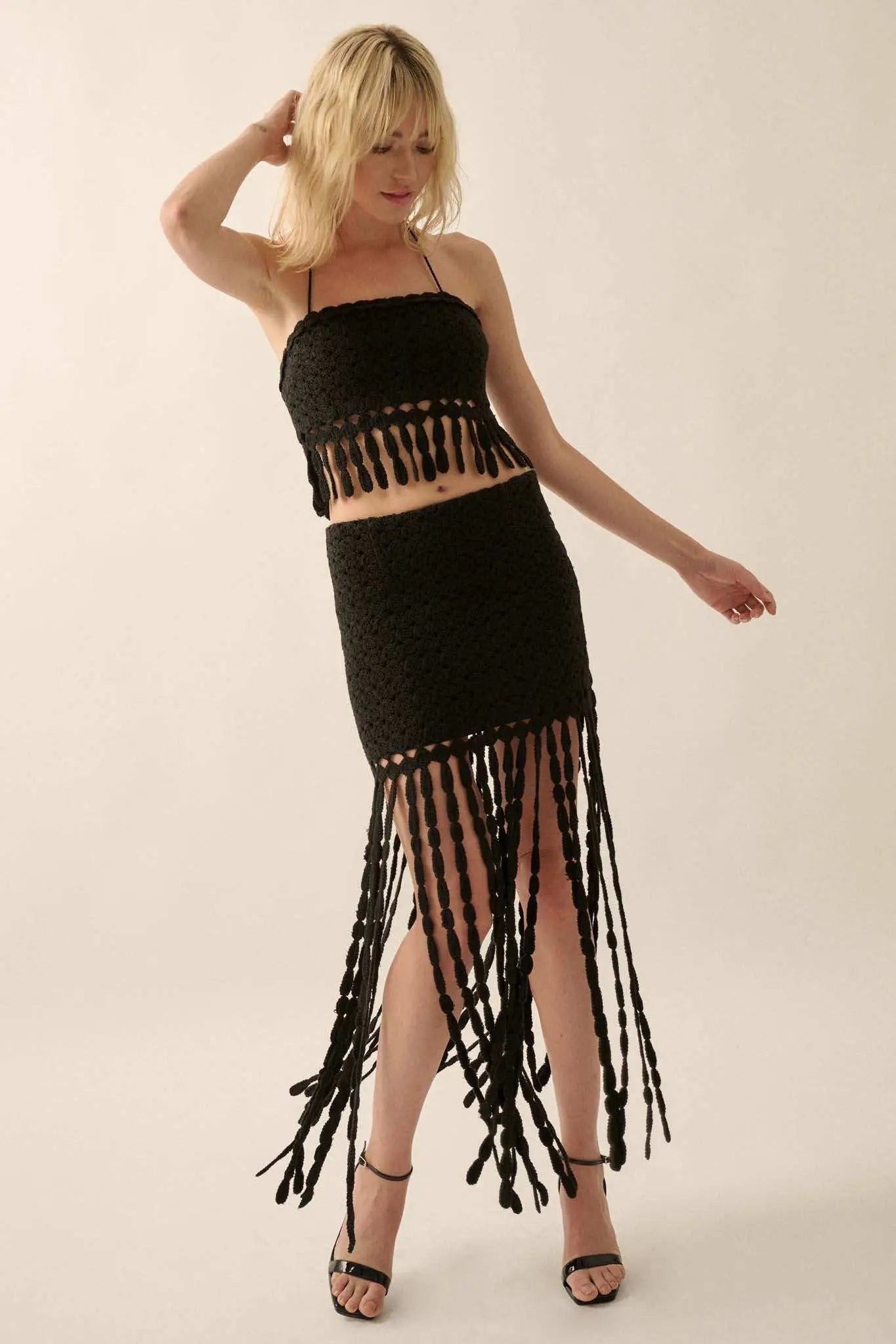 Hippie Spirit Crochet Knit Fringe Maxi Skirt