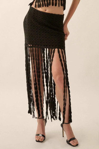 Hippie Spirit Crochet Knit Fringe Maxi Skirt