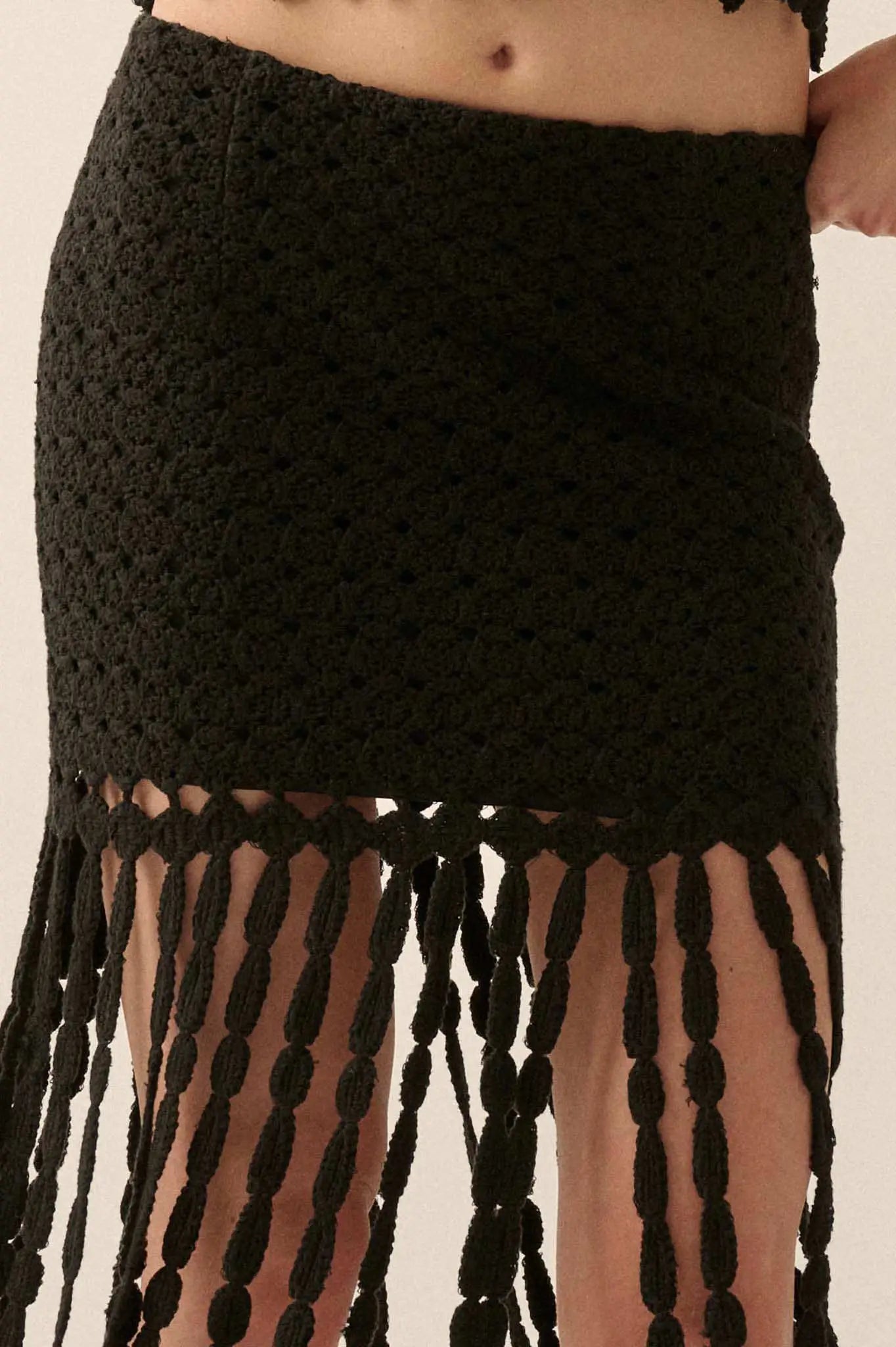 Hippie Spirit Crochet Knit Fringe Maxi Skirt