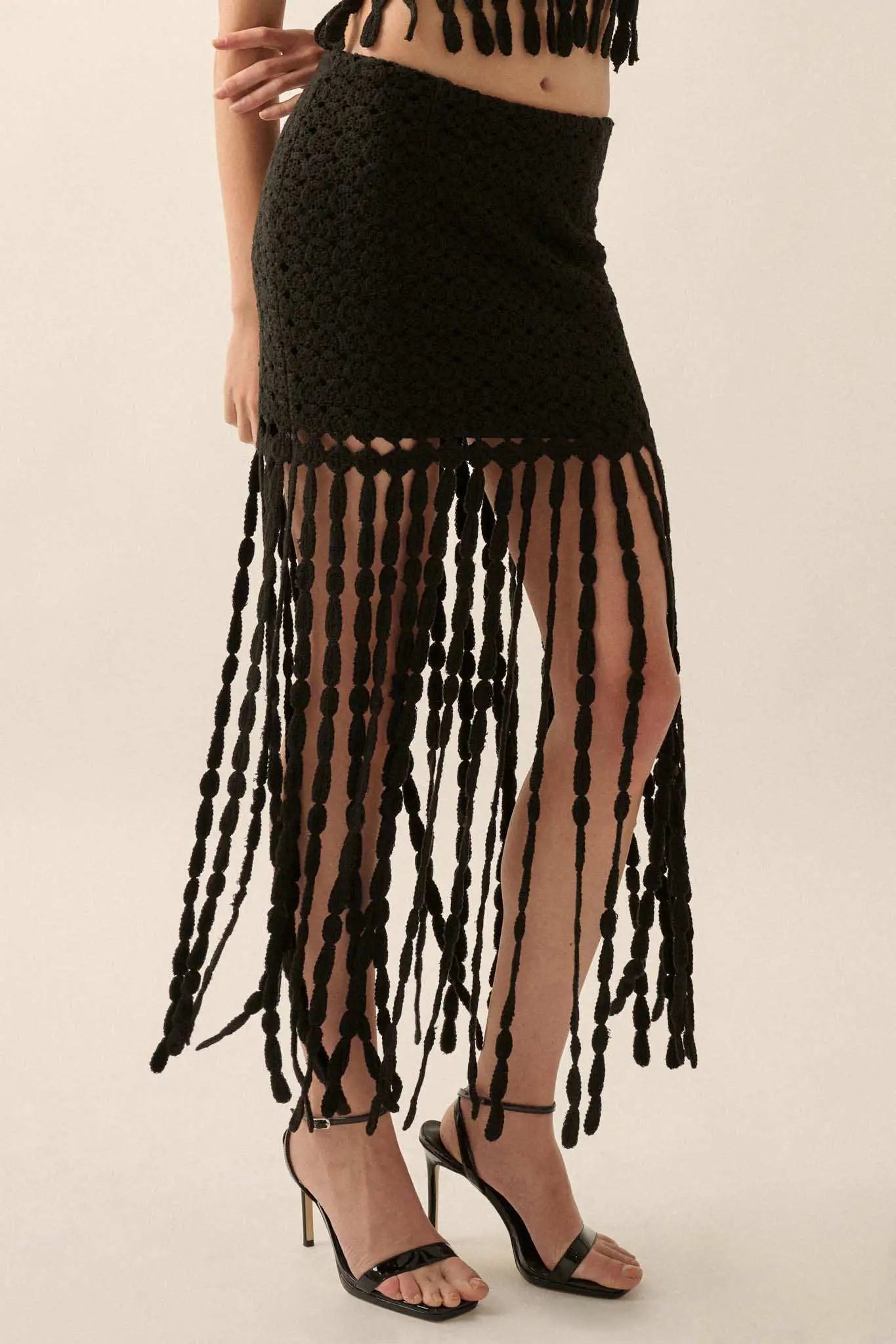 Hippie Spirit Crochet Knit Fringe Maxi Skirt