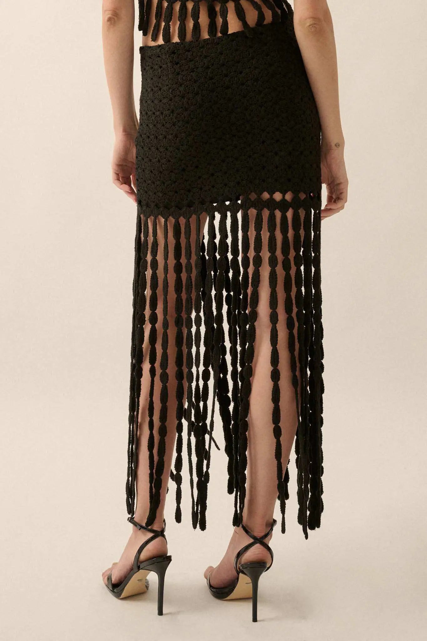 Hippie Spirit Crochet Knit Fringe Maxi Skirt