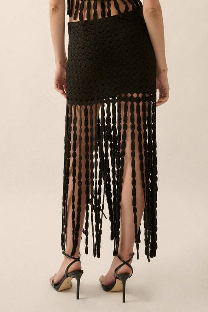 Hippie Spirit Crochet Knit Fringe Maxi Skirt