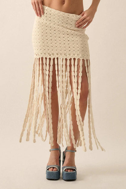 Hippie Spirit Crochet Knit Fringe Maxi Skirt