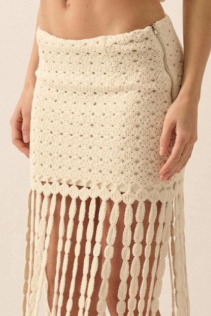 Hippie Spirit Crochet Knit Fringe Maxi Skirt