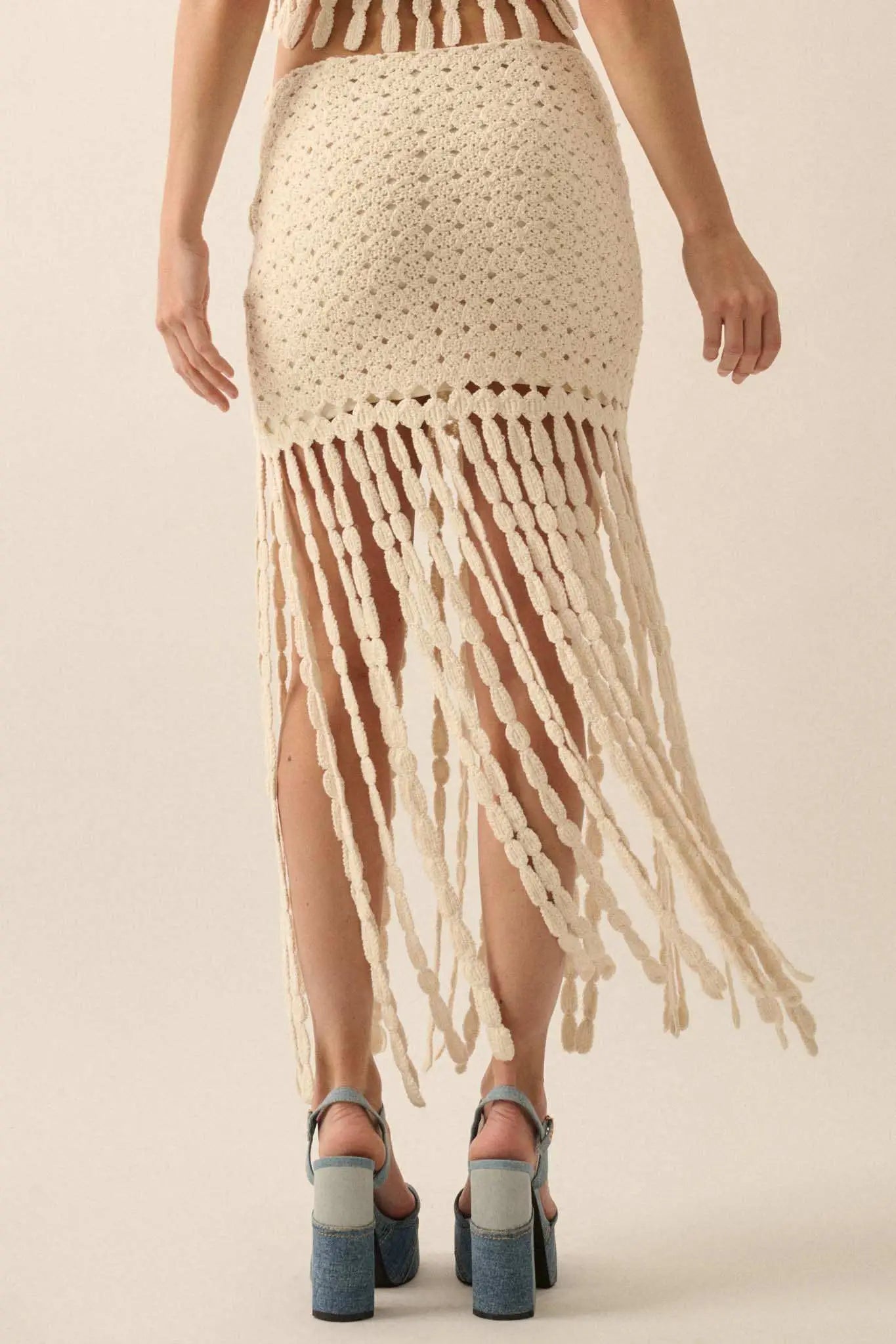 Hippie Spirit Crochet Knit Fringe Maxi Skirt
