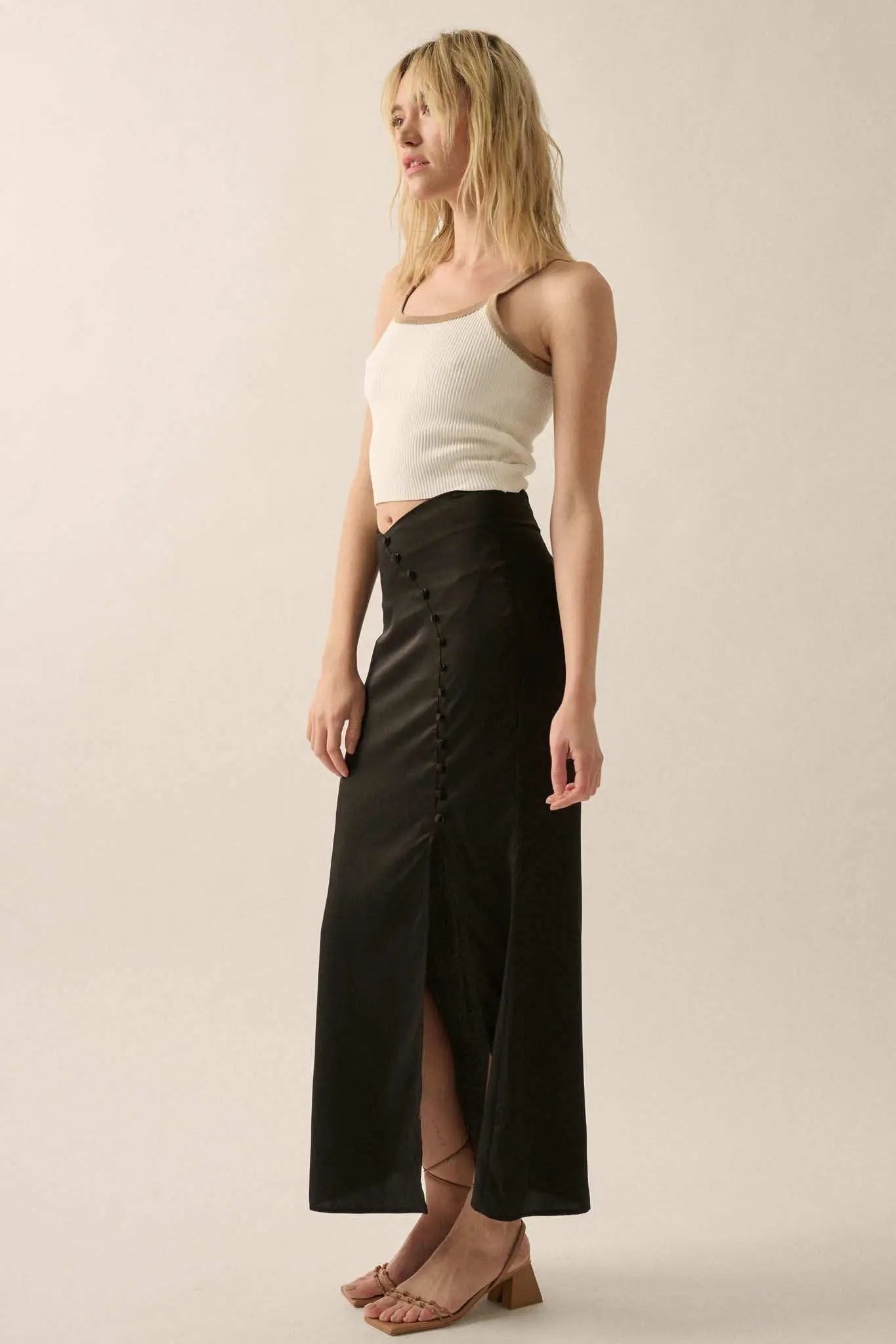 Learning Curve Matte Satin Buttoned Maxi Skirt