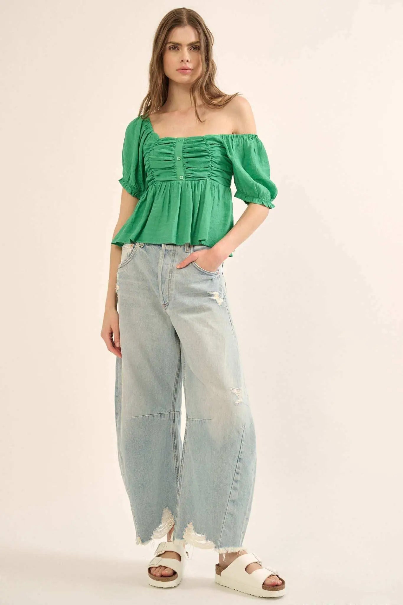 In Your Dreams Ruched Tonal-Stripe Peasant Top