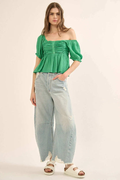 In Your Dreams Ruched Tonal-Stripe Peasant Top