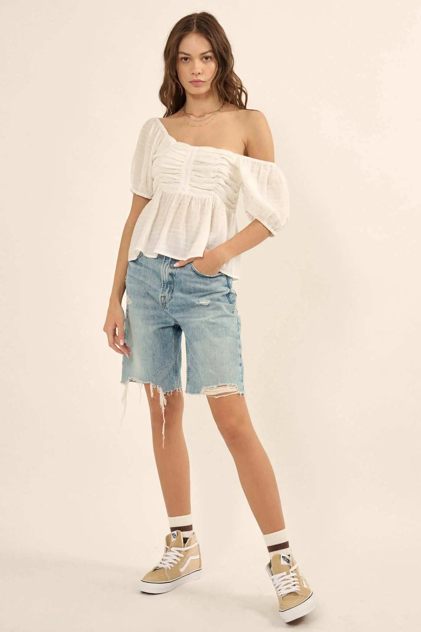 In Your Dreams Ruched Tonal-Stripe Peasant Top
