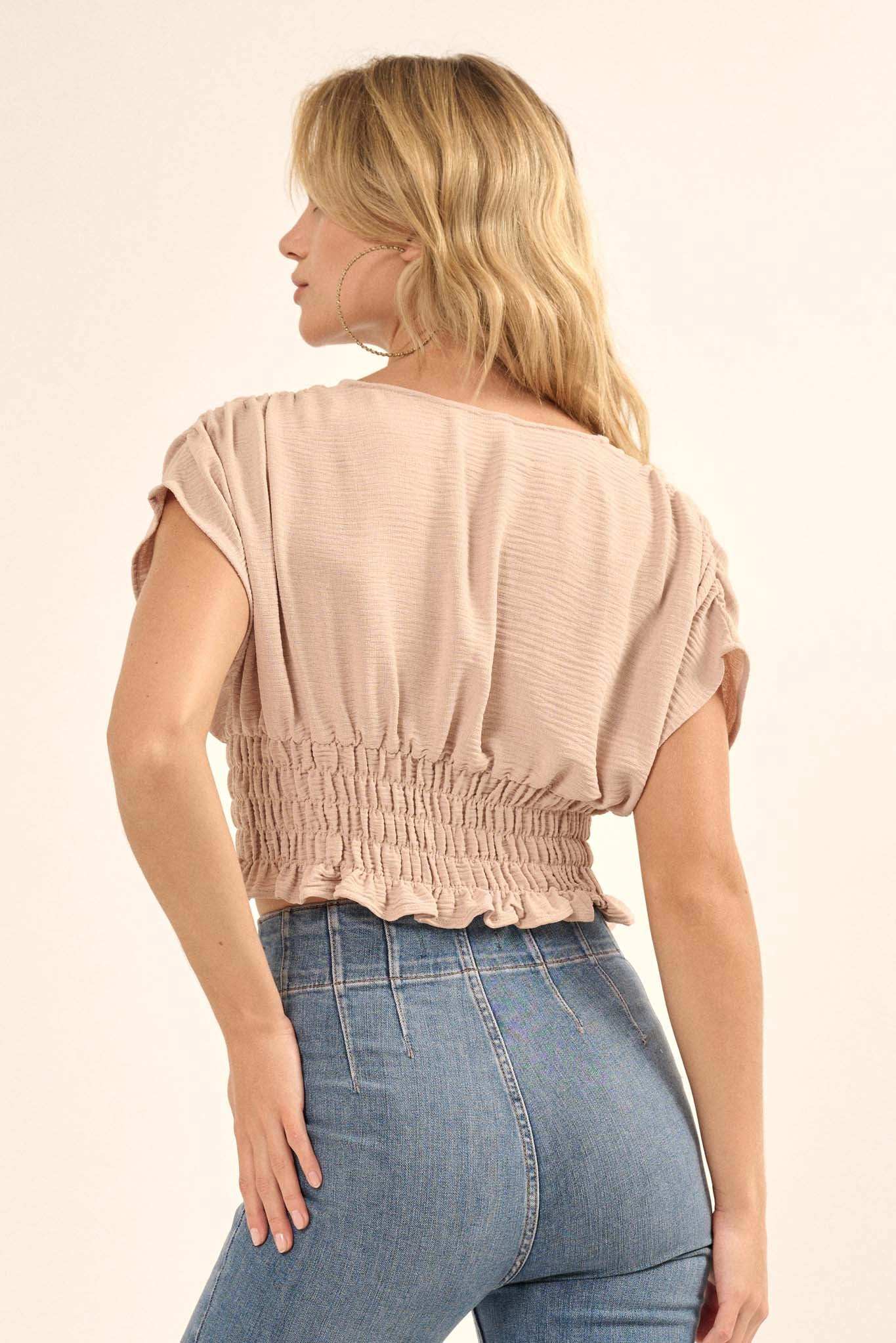 Set Yourself Free Smocked Kimono-Sleeve Crop Top