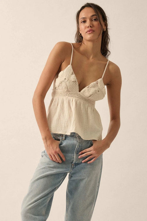Lacy Days Crochet-Trim Crinkle Cotton Babydoll Top