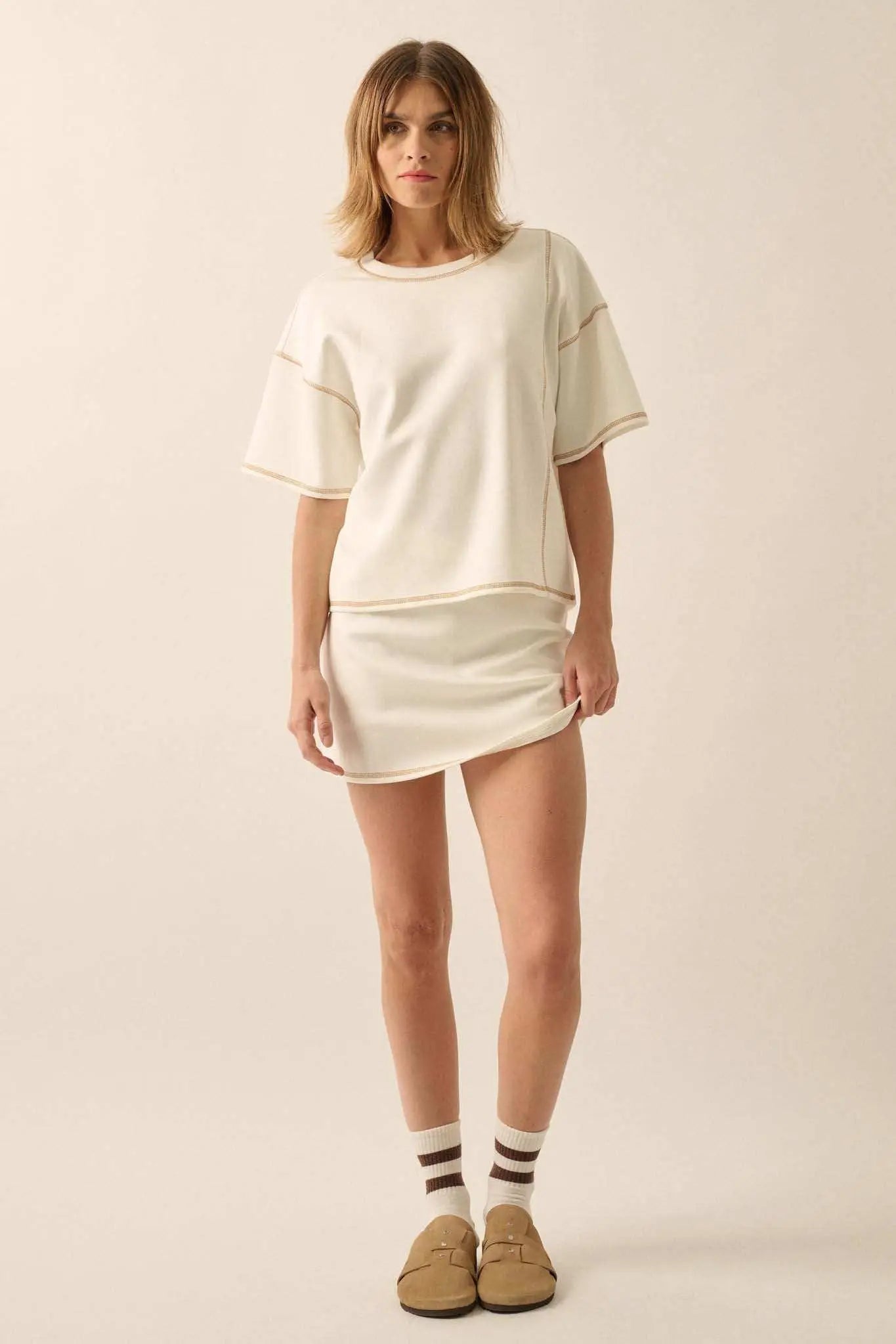 Premium Scuba Contrast-Stitch Loose-Fit Boxy Tee
