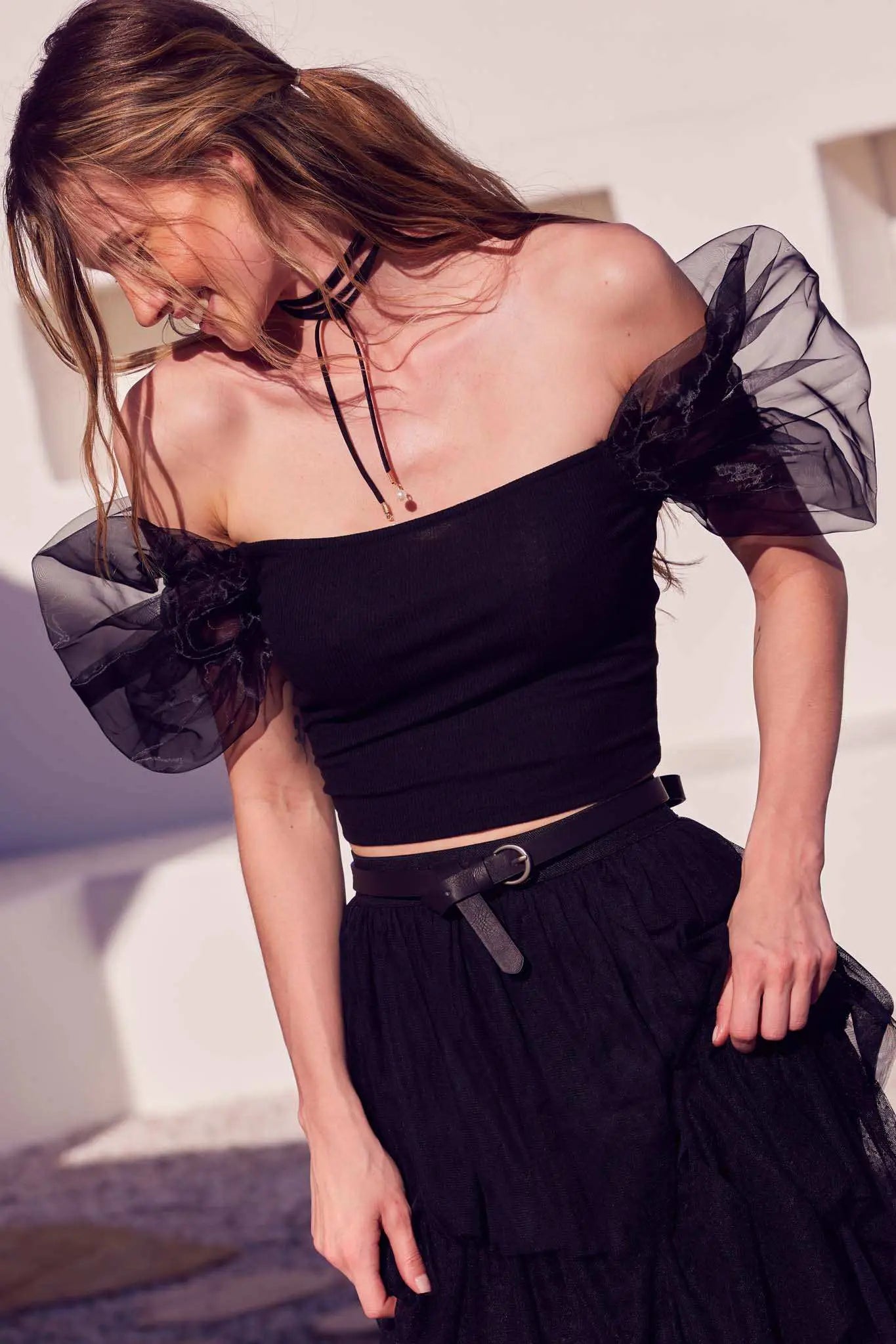 Among the Clouds Puff-Sleeve Off-Shoulder Crop Top
