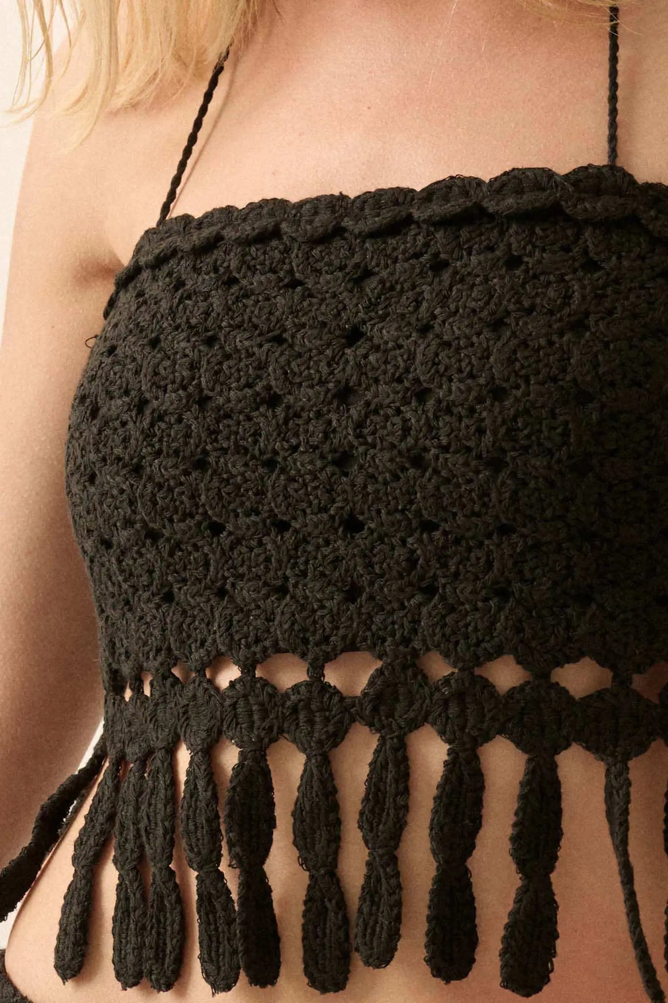Hippie Heart Crochet Knit Fringe Halter Crop Top