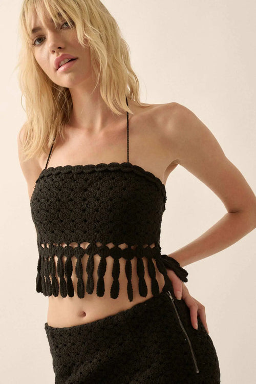 Hippie Heart Crochet Knit Fringe Halter Crop Top