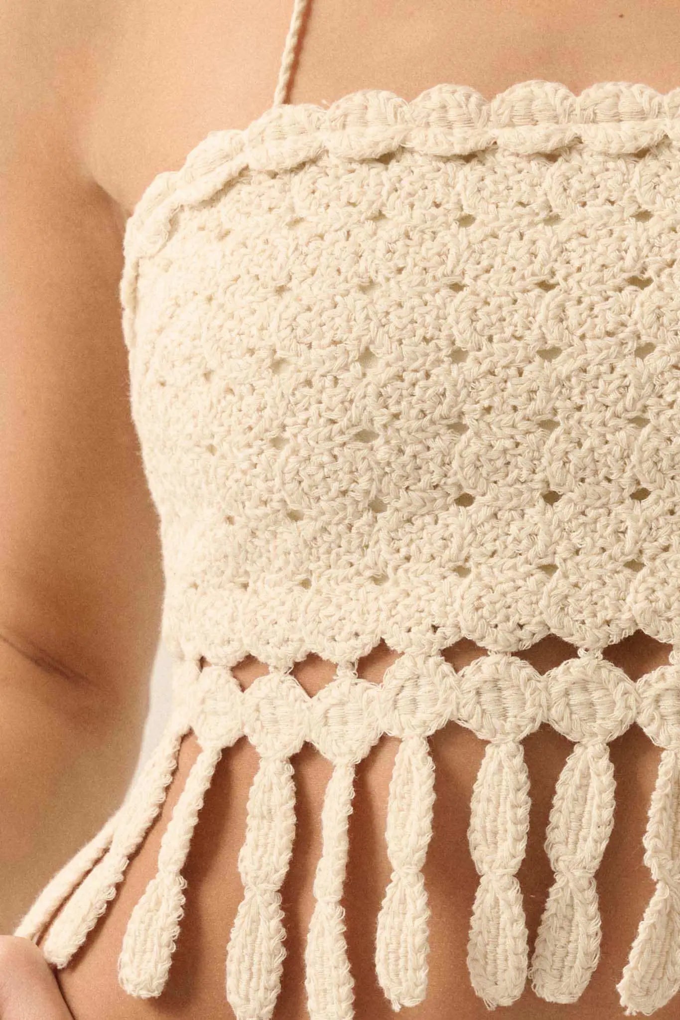 Hippie Heart Crochet Knit Fringe Halter Crop Top