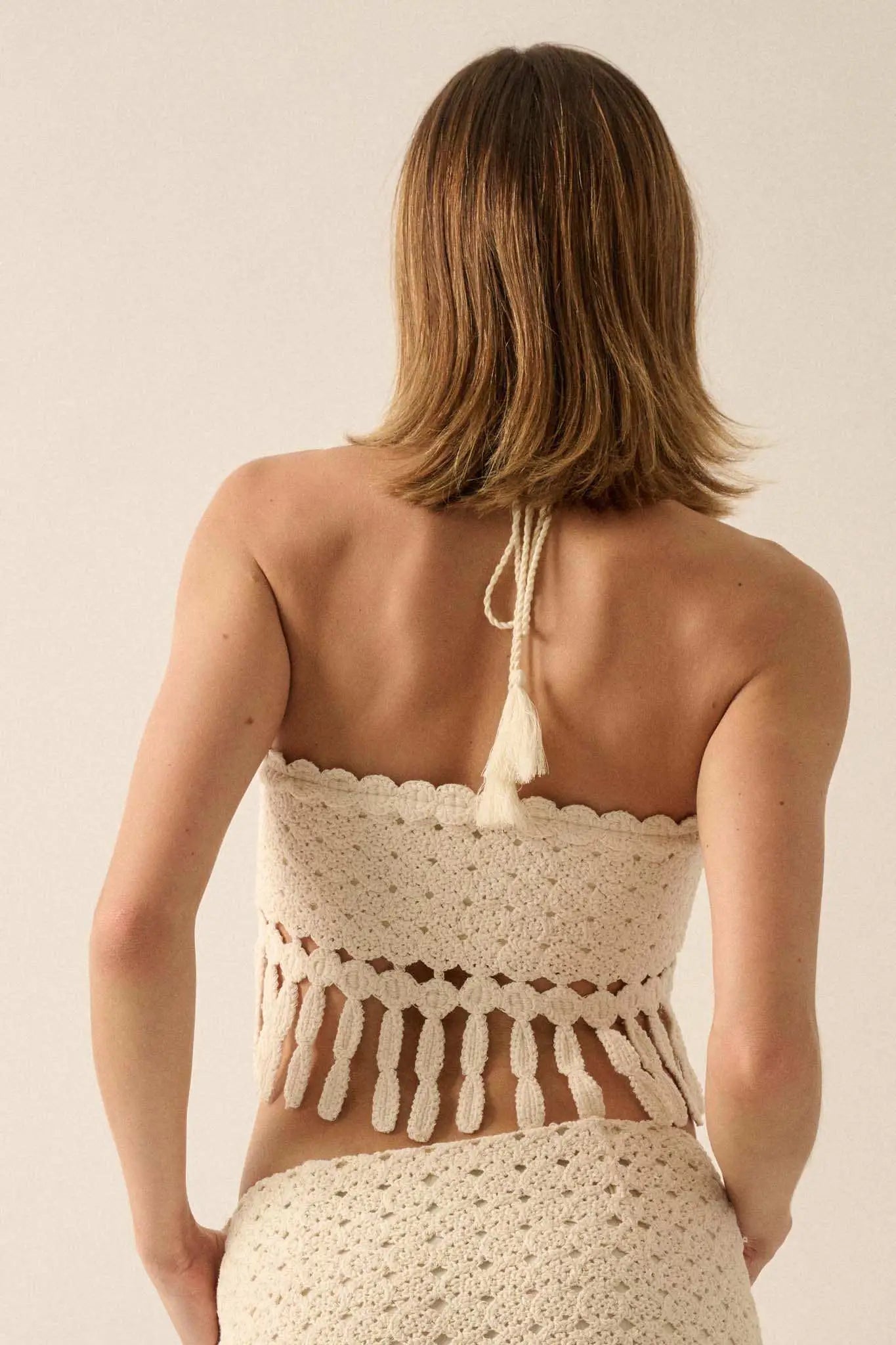 Hippie Heart Crochet Knit Fringe Halter Crop Top