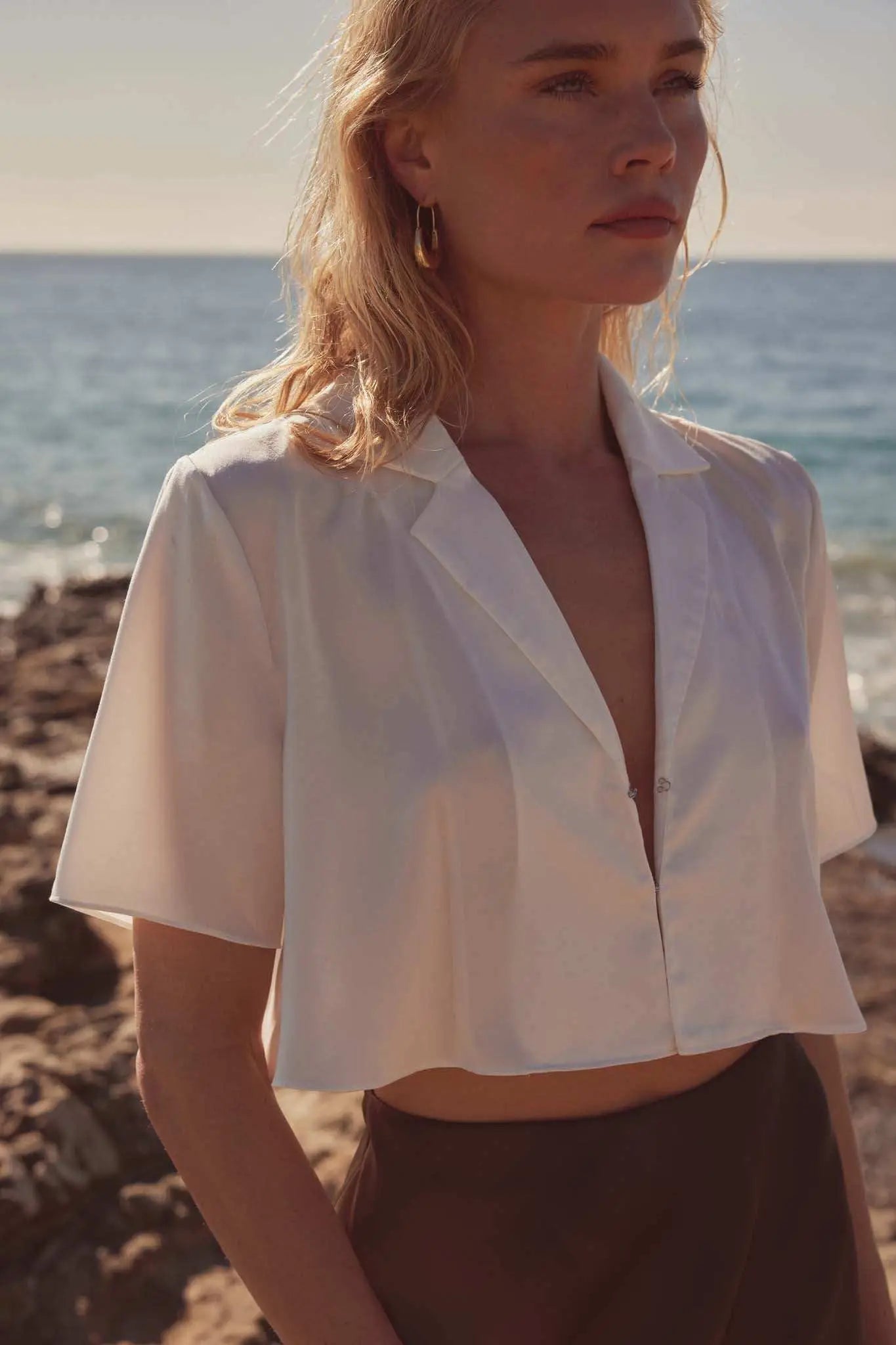 French Lessons Cropped Satin Open-Front Shirt