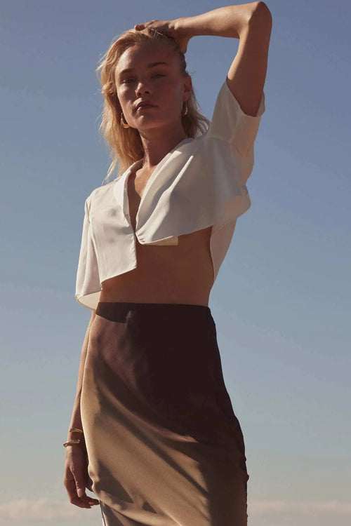 French Lessons Cropped Satin Open-Front Shirt