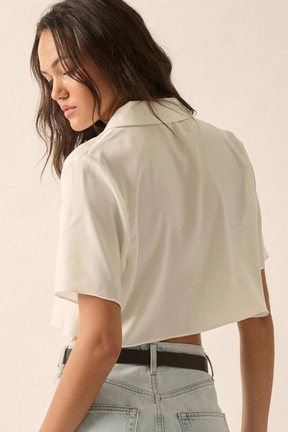 French Lessons Cropped Satin Open-Front Shirt