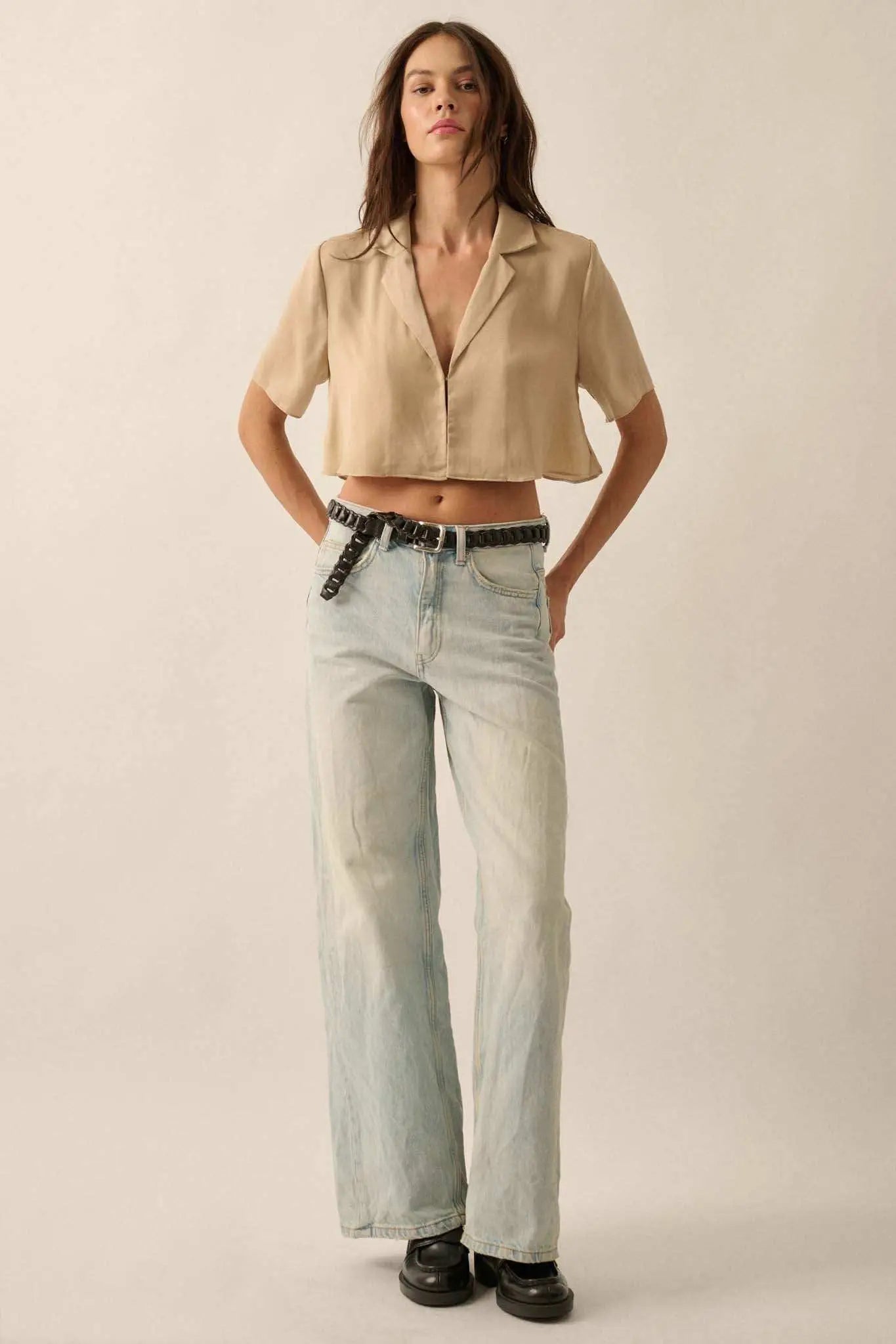 French Lessons Cropped Satin Open-Front Shirt
