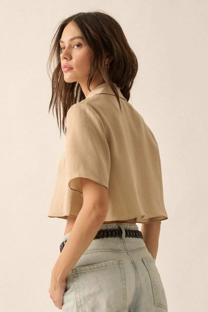 French Lessons Cropped Satin Open-Front Shirt