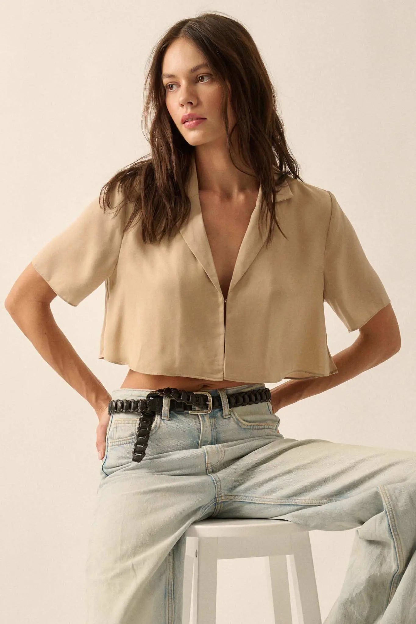 French Lessons Cropped Satin Open-Front Shirt