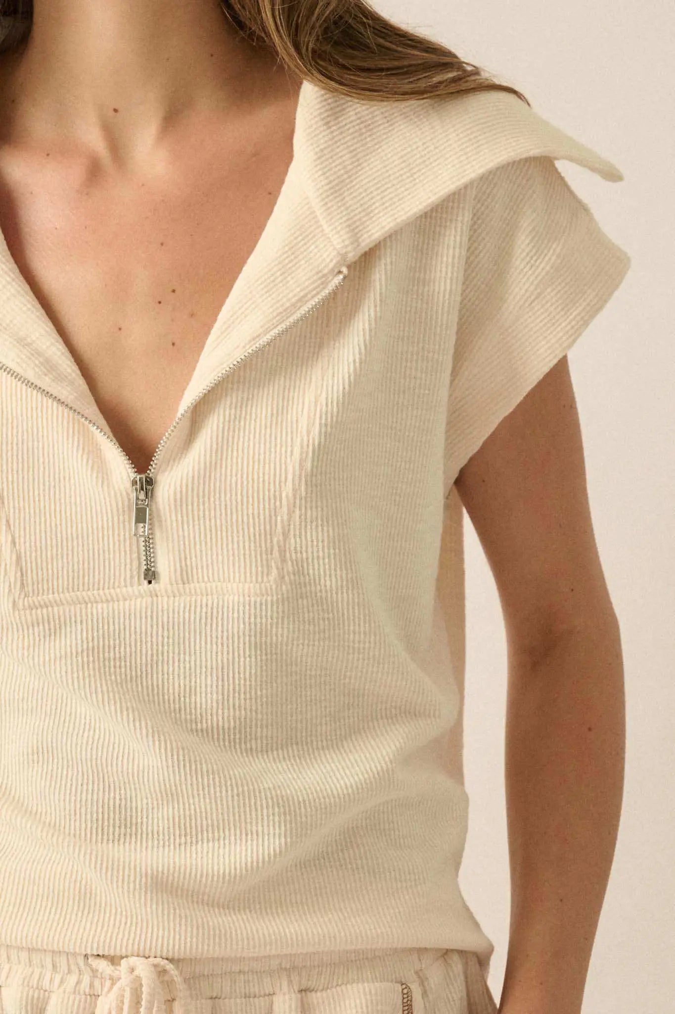 Show Time Rib-Knit Kimono-Sleeve Half-Zip Top