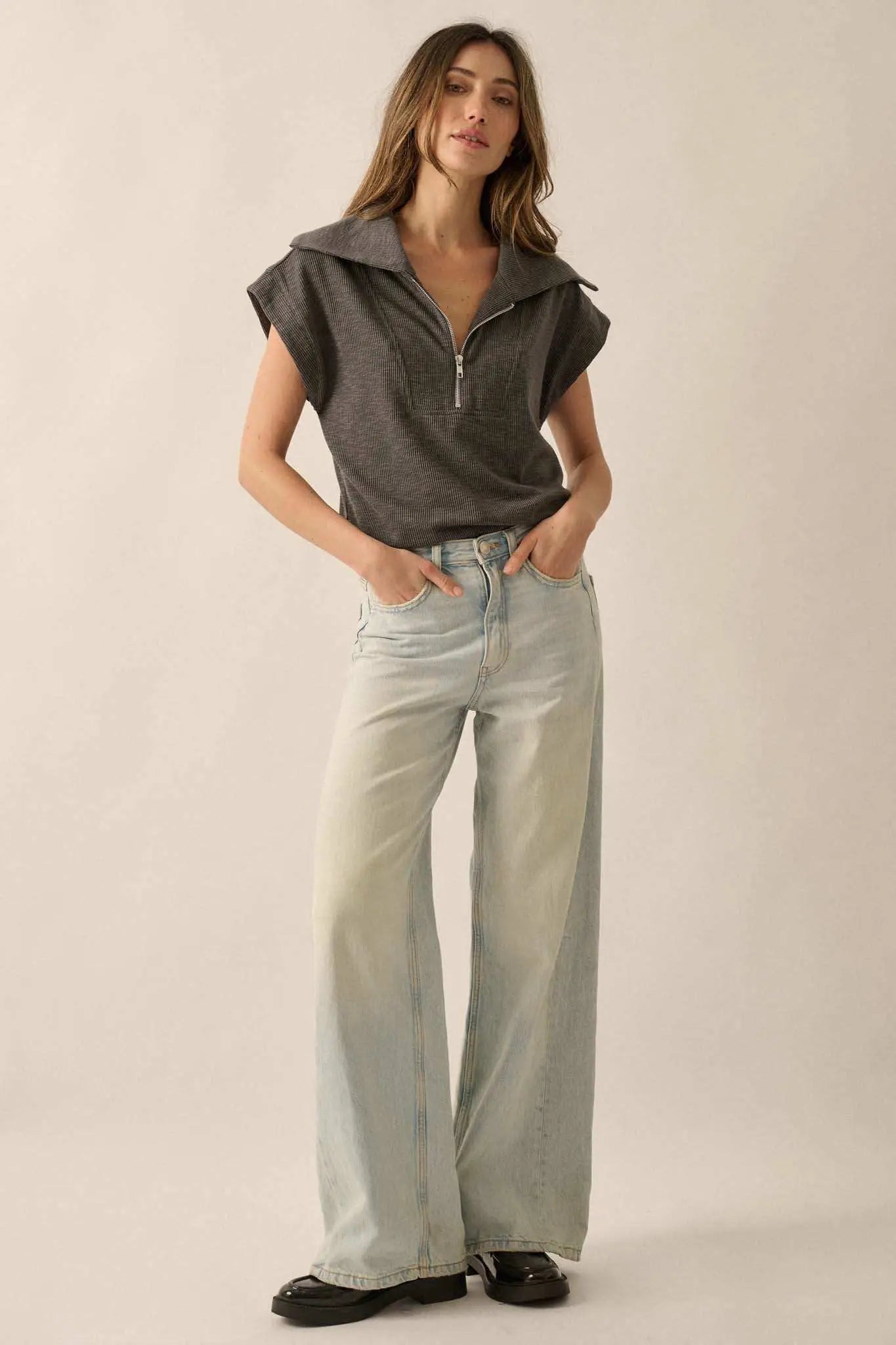 Show Time Rib-Knit Kimono-Sleeve Half-Zip Top