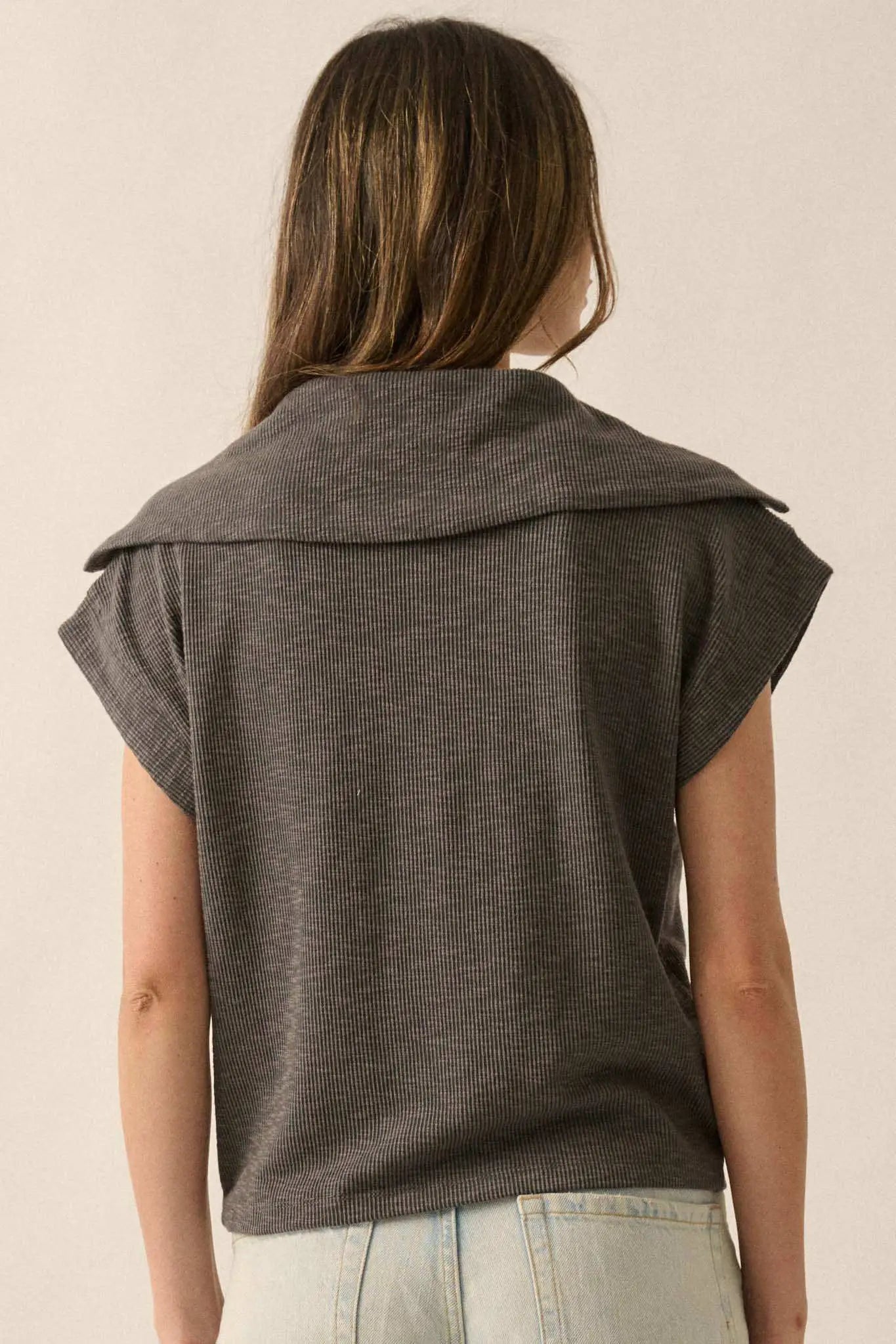 Show Time Rib-Knit Kimono-Sleeve Half-Zip Top