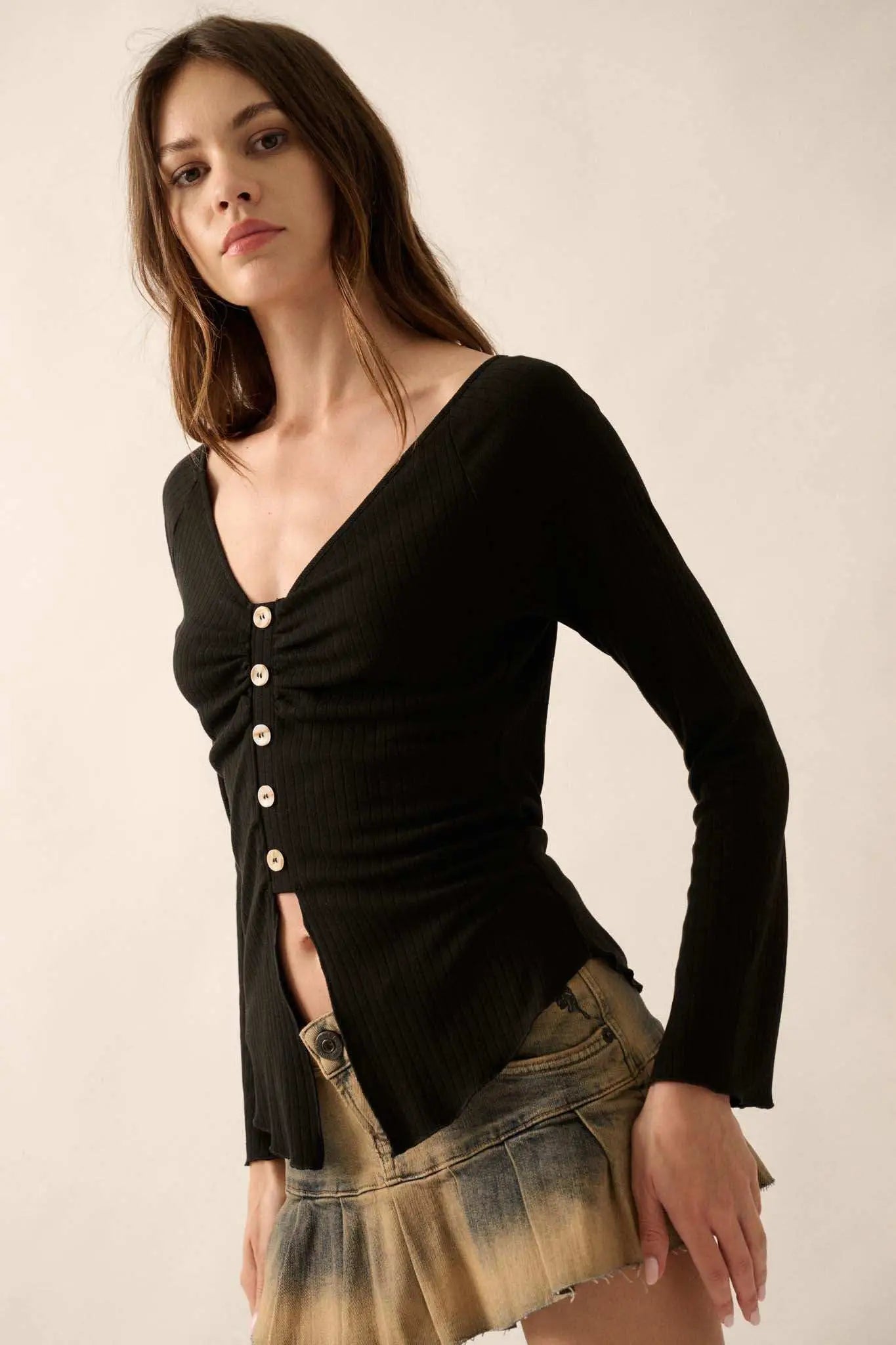 All Good Ribbed Knit Bell-Sleeve Split-Front Top
