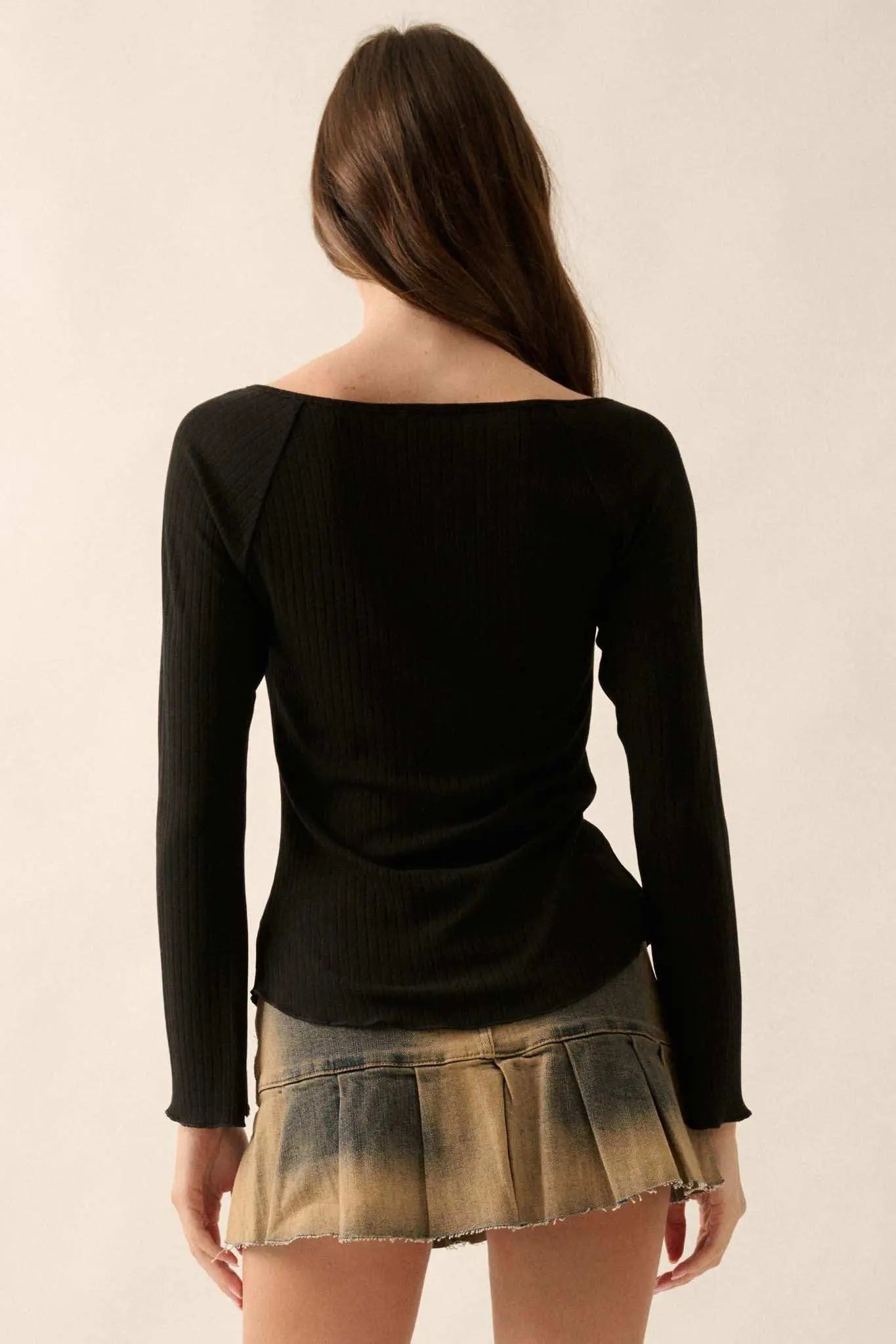All Good Ribbed Knit Bell-Sleeve Split-Front Top