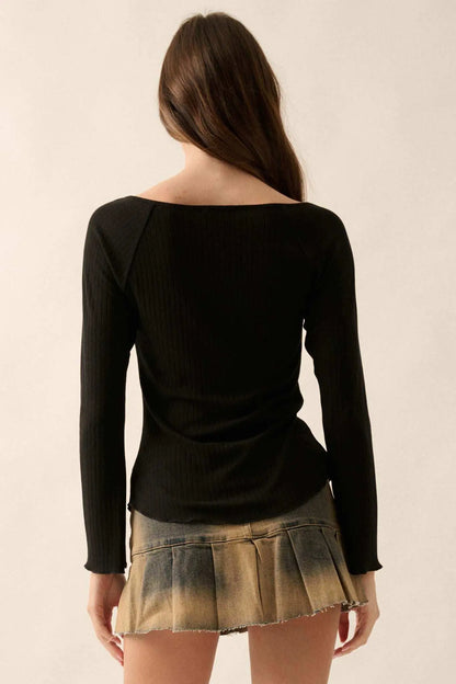 All Good Ribbed Knit Bell-Sleeve Split-Front Top