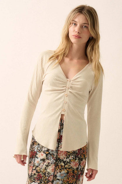 All Good Ribbed Knit Bell-Sleeve Split-Front Top