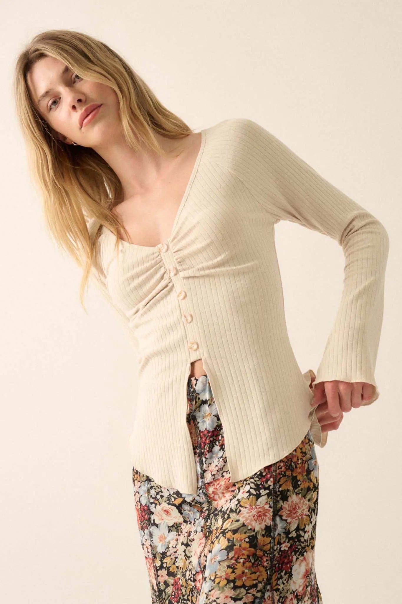 All Good Ribbed Knit Bell-Sleeve Split-Front Top