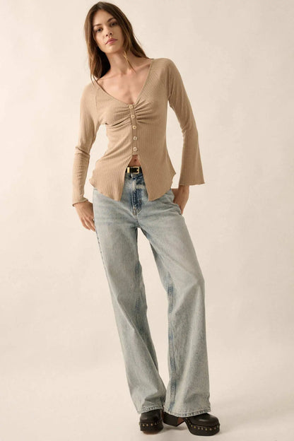 All Good Ribbed Knit Bell-Sleeve Split-Front Top