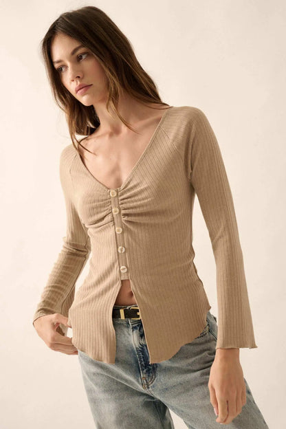 All Good Ribbed Knit Bell-Sleeve Split-Front Top