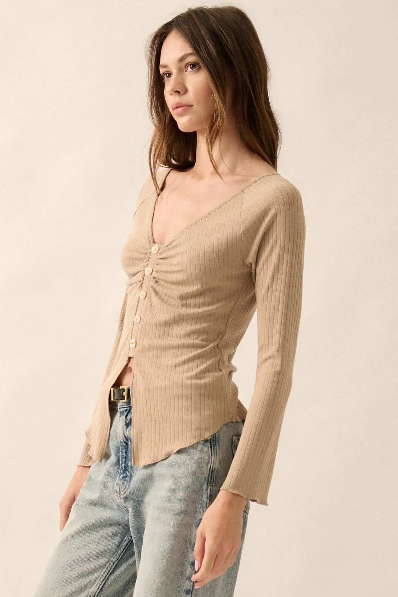 All Good Ribbed Knit Bell-Sleeve Split-Front Top