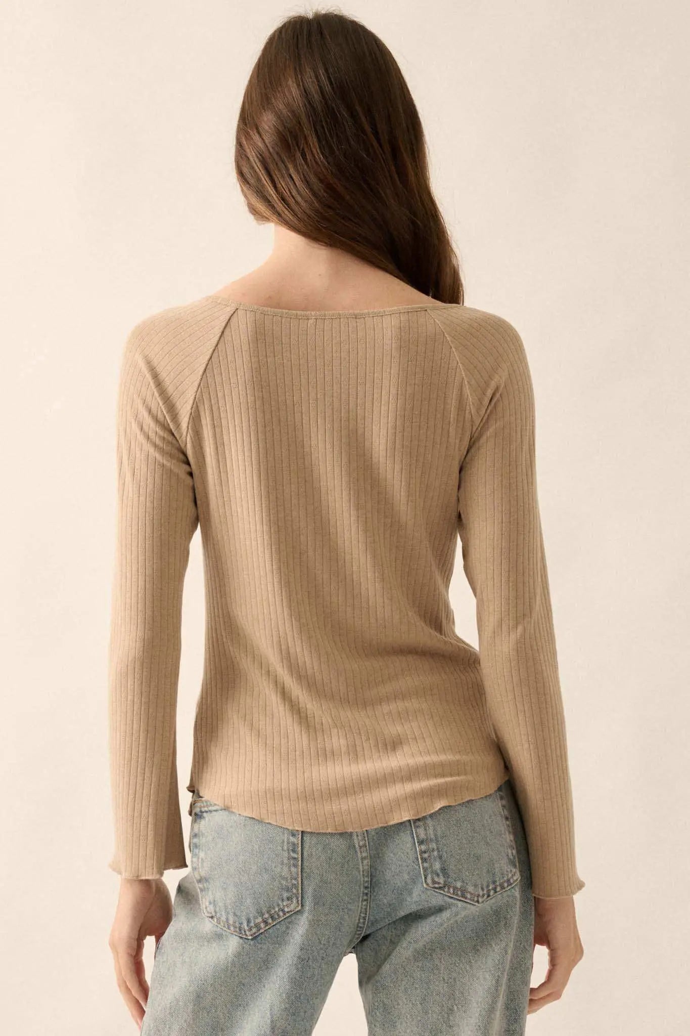 All Good Ribbed Knit Bell-Sleeve Split-Front Top