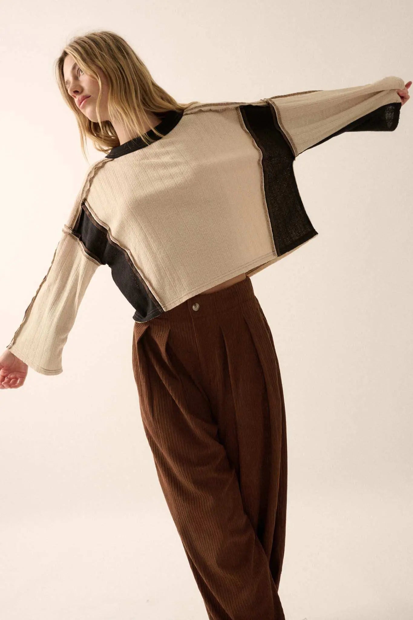 Block Party Exposed-Seam Patchwork Knit Top