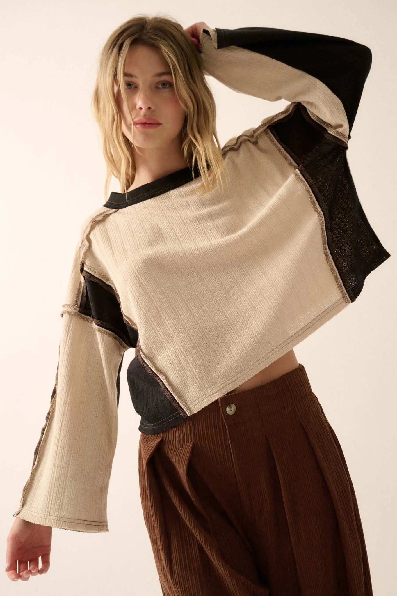 Block Party Exposed-Seam Patchwork Knit Top