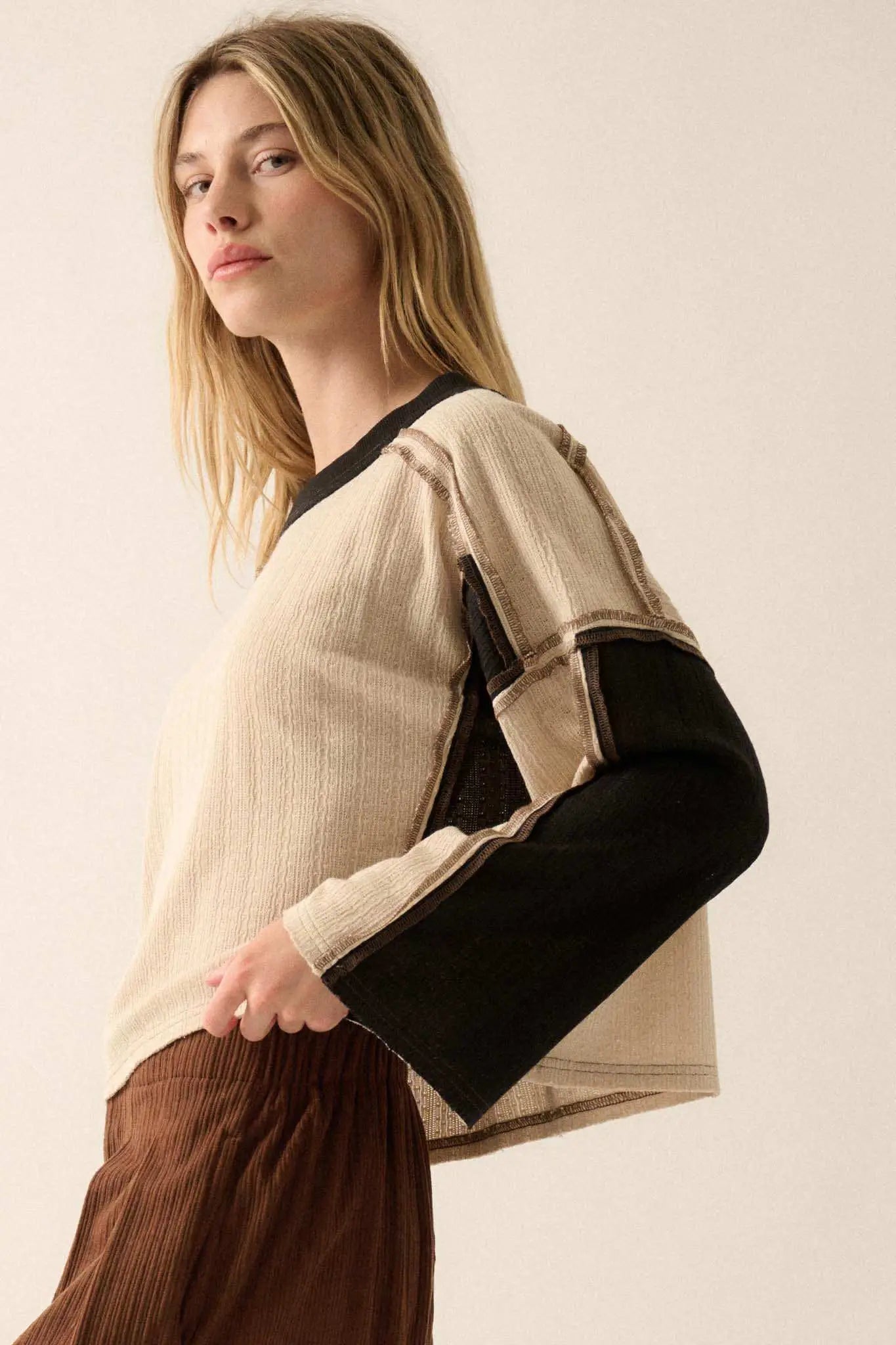 Block Party Exposed-Seam Patchwork Knit Top